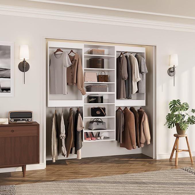 ROOMTEC Modular Closet System, 60" Wall-Mounted Closet Organizer with Hanging Rods and Shelves, Wooden Tower for Walk-In Closets, Wardrobe Storage Kit, White