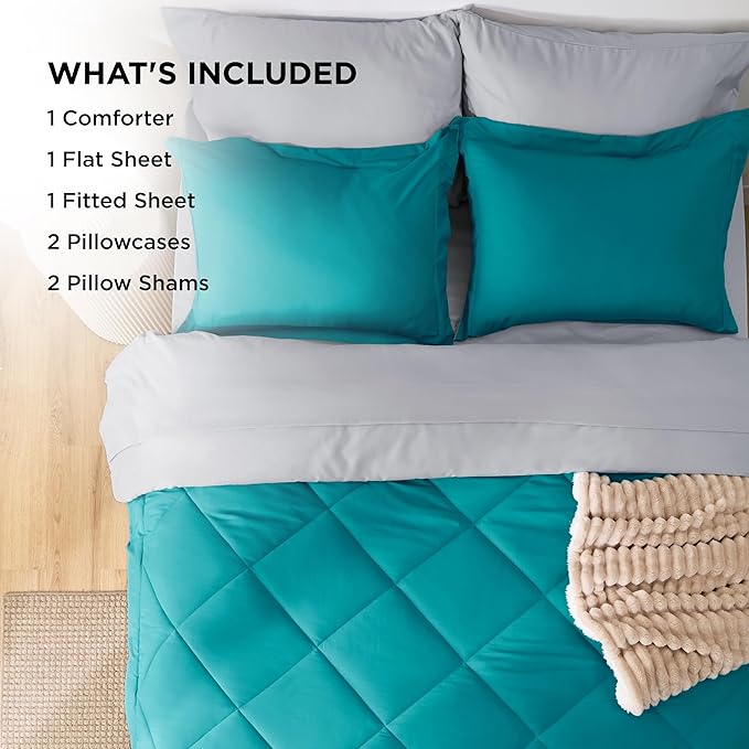 Bedsure Queen Comforter Set - 7 Pieces Reversible Teal Bedding, Queen Size Bed Set for All Seasons, Bed in a Bag with Down Alternative Comforter, Sheets, Pillowcases & Shams