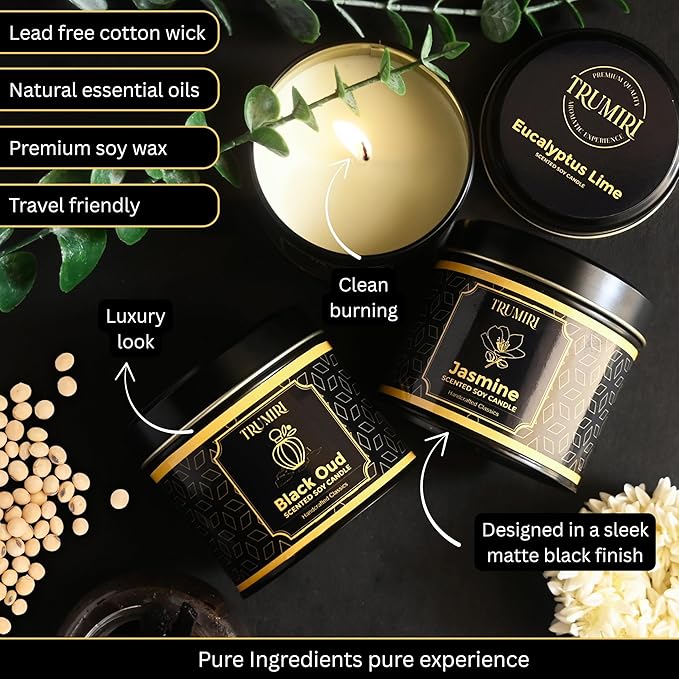 Candle Gift Set of 3 Black Oud|Jasmine|Eucalyptus Lime Highly Scented Soy Candels Natural Non Toxic Velas Aromáticas Favors for Women Coworkers Friends Guests Also for Fall Diwali Christmas Holidays