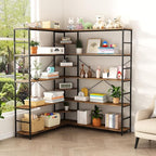 L Shaped Corner Bookshelf, 5 Tier Industrial Corner Shelf, Modenr Open Tall Bookcase with Curved Panel, Storage Display Shelf for Bedroom, Living Room & Home Office, Vintag