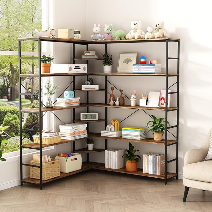 L Shaped Corner Bookshelf, 5 Tier Industrial Corner Shelf, Modenr Open Tall Bookcase with Curved Panel, Storage Display Shelf for Bedroom, Living Room & Home Office, Vintag