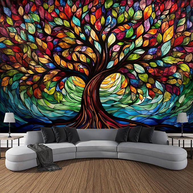Tree of Life Wall Hanging Decor Tapestry with Stained Glass Colorful Wall Art Large Tapestry Mural Decor Photograph Backdrop Blanket Curtain Home Bedroom Living Room Decoration