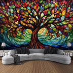 Tree of Life Wall Hanging Decor Tapestry with Stained Glass Colorful Wall Art Large Tapestry Mural Decor Photograph Backdrop Blanket Curtain Home Bedroom Living Room Decoration