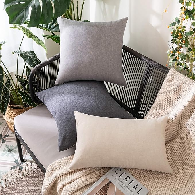 MIULEE Pack of 2 Decorative Outdoor Solid Waterproof Throw Pillow Covers Faux Linen Garden Farmhouse Cushion Cases for Patio Tent Balcony Couch Sofa 20x20 Inch Dark Grey