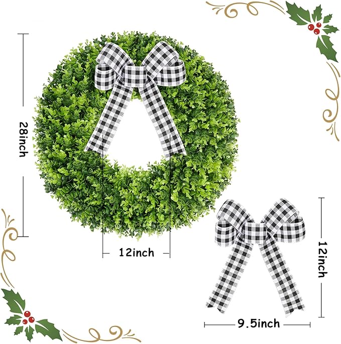 Vlorart 28" Faux Round Boxwood Wreath, Artificial Large Boxwood Wreath Front Door Wreaths Artificial Spring Summer Greenery Hanging with A Plaid Bow for Villa Wall Hanging Window Wedding Party Decor