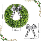 Vlorart 28" Faux Round Boxwood Wreath, Artificial Large Boxwood Wreath Front Door Wreaths Artificial Spring Summer Greenery Hanging with A Plaid Bow for Villa Wall Hanging Window Wedding Party Decor