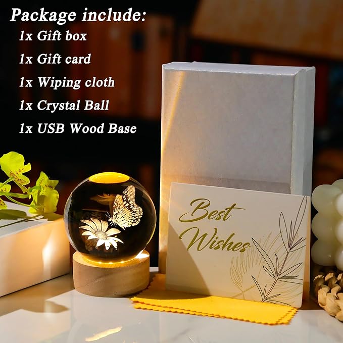 3D Butterfly Flower Crystal Ball with Wooden Light Base Glass Butterfly Figurine Gifts for Women Mom Butterfly Statue Home Decor on Mother's Day Birthday Valentine Christmas (Diameter 2.36 inches)