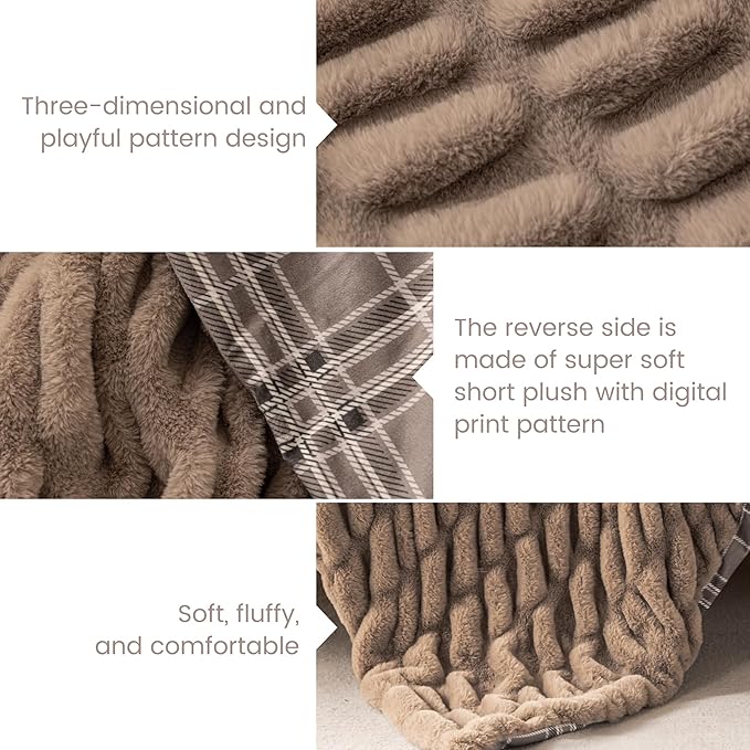 Sophia & William Ruched Faux Fur Throw Blanket Bed Blanket - Luxury Lightweight Plush Fuzzy Cozy Soft Blankets, Brown, 60" x 80"