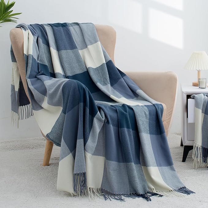 Buffalo Plaid Twin Blanket for Couch with Tassels,60"X80" Soft Lightweight Knitted Boho Decorative Blankets for Bed and Sofa Blue