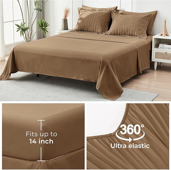 HYMOKEGE Brown California King Comforter Set Seersucker 7 Pieces, All Season Luxury Bed in a Bag for Bedroom, Bedding Set with Comforter, Sheets, Pillowcases & Shams