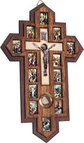 Holy Land Market Three Layers Olive Wood Crucifix - 14 Stations icons of the Cross, Handcrafted Holy Land Wall Cross, 7x5.5 in