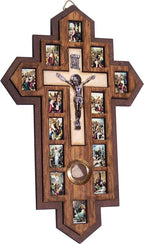 Holy Land Market Three Layers Olive Wood Crucifix - 14 Stations icons of the Cross, Handcrafted Holy Land Wall Cross, 7x5.5 in