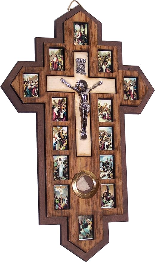 Holy Land Market Three Layers Olive Wood Crucifix - 14 Stations icons of the Cross, Handcrafted Holy Land Wall Cross, 7x5.5 in