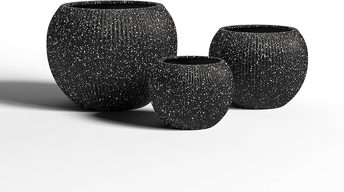 DTY Signature Mount Sherman 19.7''D x 21.7''H Modern Indoor Outdoor Fiberstone Sphere Planter, Durable Round Garden Pot, Weather Resistant, Drainage Hole & Rubber Plug (Ribbed Black, Large)