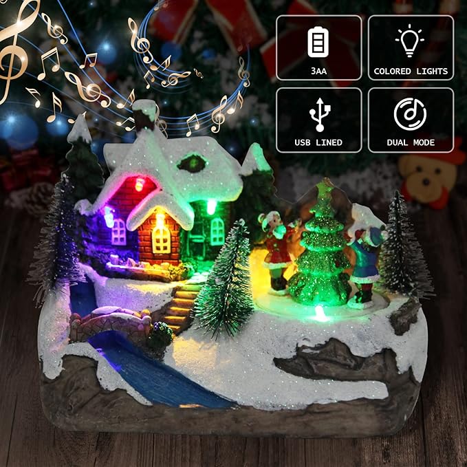 Christmas Collectibles Building Village House Musical Snow Globe Resin Figurines with 8 Music Snowman, Christmas Train Come with Xmas Gift (Tree)