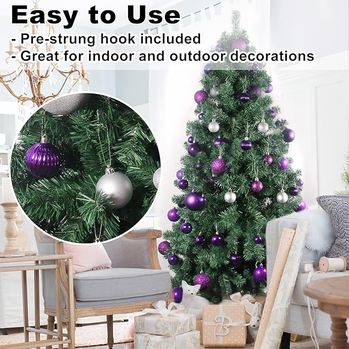 Purple & Silver 2.5" Christmas Balls Christmas Tree Decoration Ornaments Shatterproof Hanging Balls for Birthday Halloween Holiday Wedding Decorations Set of 24pcs