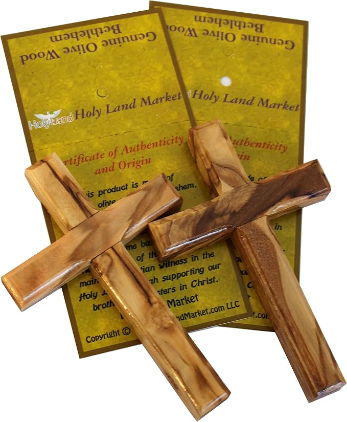 Holy Land Market Olive Wood Cross Pair - 4 Inch Wall Hanging from Bethlehem, Handcrafted Religious Decor