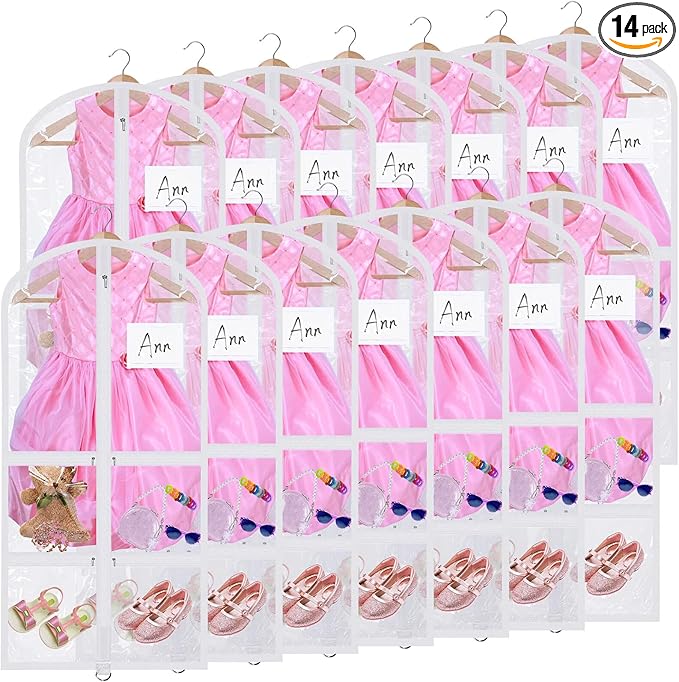 Geelin 14 Pcs Garment Bags for Dance Costumes PVC Clear with Zippers 20 x 40 Inch Garment Bag with Pockets Dance Costume Organizer Carrier for Storage Cover for Adult(Translucent White)