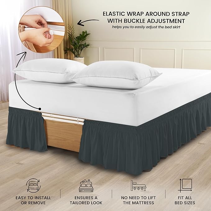 Utopia Bedding Twin Elastic Bed Ruffle - Easy Wrap Around Ruffle - Microfiber Bed Skirt with Adjustable Elastic Belt 16 Inch Tailored Drop - Hotel Quality Bedskirt, Fade Resistant (Twin, Grey)
