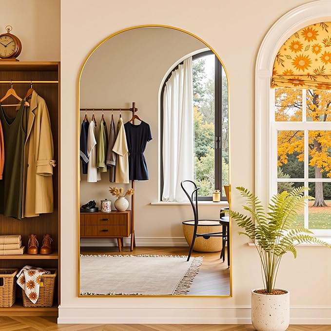 Full Length Mirror, 72"x44" Arched Full Body Mirror, Oversized Floor Mirrors, Leaning Free Standing Mirrors, Hanging Mounted Large Mirrors for Bedroom Dressing Room, Cloakroom, Gold