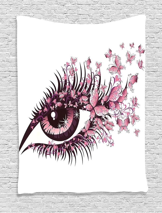Ambesonne Butterflies Tapestry, Female Eye Eyelashes Mascara Stare Party Makeup Animal Print, Wall Hanging for Bedroom Living Room Dorm Decor, 40" X 60", Pale Pink Purple