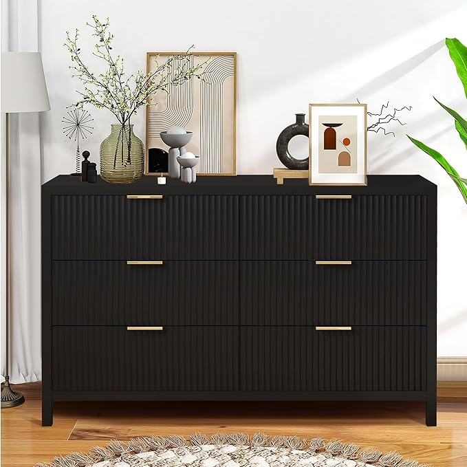 Fluted 6 Drawer TV Stand Dresser for Bedroom, Mid Century Modern Dresser with Drawers, Storage Organizer with 6 Drawers, Fluted Cabinet for Closet Cloth, Living Room, Entryway -Black