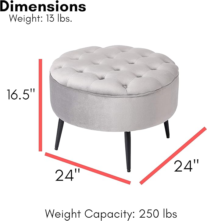 BIRDROCK HOME Tufted Round Ottoman - Velvet Footrest with Cushion and Mid-Century Modern Steel Legs - Ideal for Living Room, Bedroom, or Office Seating - Soft, Compact Decorative Footstool - Grey
