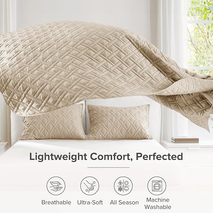 Comfort Spaces King Quilt Set Modern Reversible Diamond Coverlet King Bedding Set Cozy Quilted Winter Layer, All Season Lightweight Soft King Size Quilt, Kienna, Cal King Beige Diamond 3 Piece