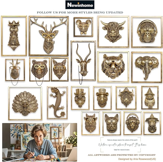 Animal Heads Wall Decor (Includes Metal Frame) Resin Animals Sculptures Head Wall Hanging Decoration Gold vintage Wall Sculpture for Living Room Bedroom Office(Squirrel)