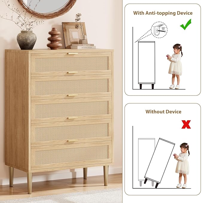 GarveeHome Rattan 5 Drawer Dresser, Modern Chest of Drawers with Gold Legs and Gold Handles, Tall Dresser with Large Tabletop and Anti-Tipping Design for Bedroom Living Room, Natural