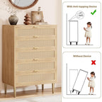 GarveeHome Rattan 5 Drawer Dresser, Modern Chest of Drawers with Gold Legs and Gold Handles, Tall Dresser with Large Tabletop and Anti-Tipping Design for Bedroom Living Room, Natural