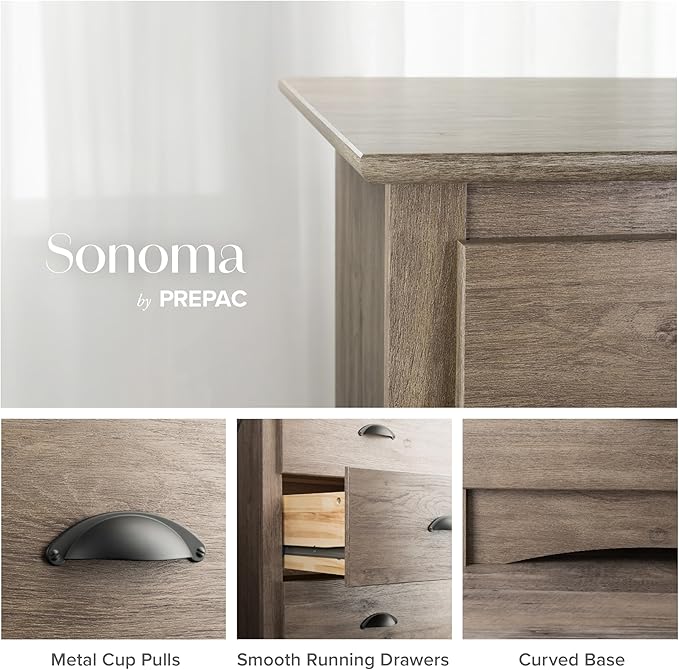 Prepac Sonoma 6-Drawer Double Dresser for Bedroom, Wide Chest of Drawers, Traditional Bedroom Furniture, 59" wide x 17.5" deep x 29" tall, Drifted Gray