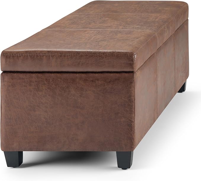 SIMPLIHOME Avalon Storage Ottoman Bench - 48 inch Wide Upholstered Vegan Leather Rectangular Lift-Top Ottoman in Distressed Umber Brown, Contemporary Bench for Living Room with High-Density Foam