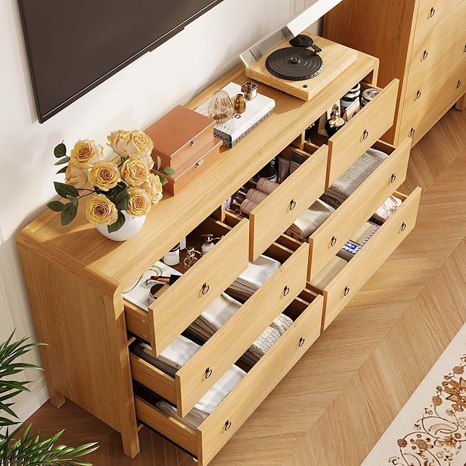 IDEALHOUSE 7 Drawer Dresser for Bedroom, Wooden Chest of Dressers for Deep Drawers, Modern Dressers Organizer with Round Handle, TV Stand for Living Room, Bedroom, Hallway