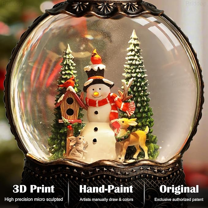Snowman Snow Globe Christmas Decorations Indoor Deer Cardinal Snowman Gifts Classic Relief Texture Musical Glitter Snowfall USB/Battery Timer Lantern 10.6 inch