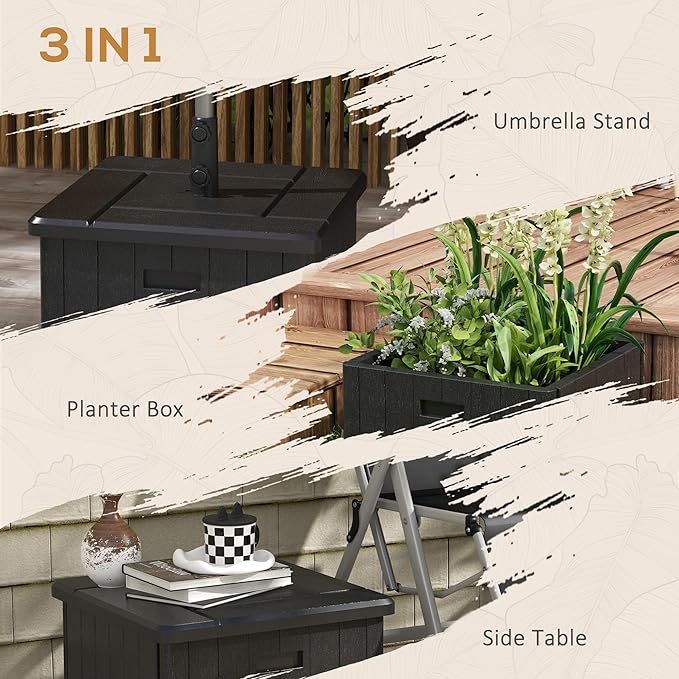 Outsunny 3-in-1 Outdoor Umbrella Base, Coffee End Table, Planter Box with Drain Hole, 175 lbs. Capacity Heavy Duty Fillable Patio Umbrella Stand Table with Wheels and Handles for Deck, Poolside, Black
