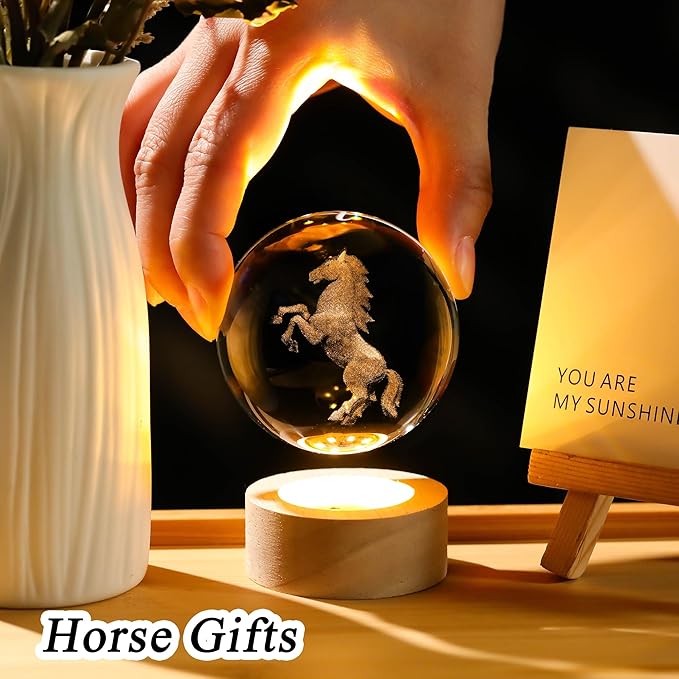 Horse Gifts for Women Men 3D Horses Crystal Ball with Wooden Light Base Glass Horse Night Light Animal Figurine Lamp Decor for Christmas Valentine Mothers Day Birthday (Diameter 2.36 inches)