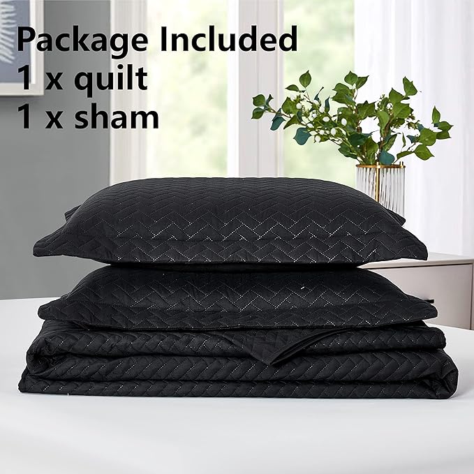 Maple&Stone Quilt Set Twin/Twin XL, Lightweight Black Bedspread Ultrasonic Chevron Pattern Light Coverlet for All Season Comforter Bedding Decor - 2 Piece Twin Extra Long Bed Cover Sets