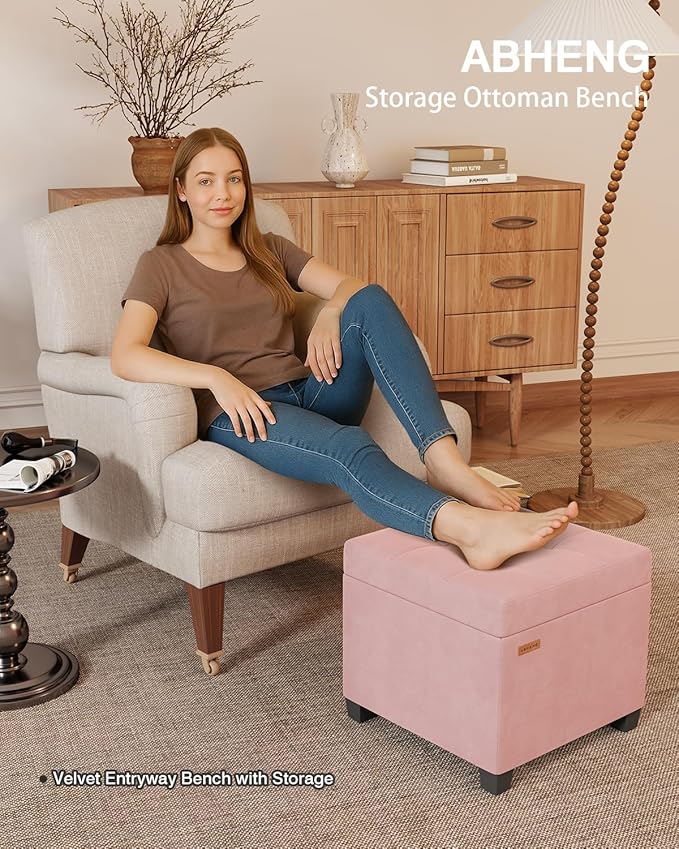17.7 inches Velvet turfed Ottomans Cube with Legs, Metal-Framed Square Storage Ottoman Foot Rest Stool Holds 770 LB for Dorm Living Room Bedroom Pink UASND64P