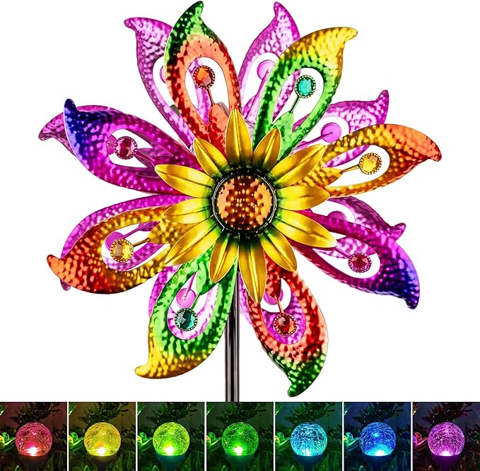 Solar Wind Spinner, 60.6 Inch Outdoor Metal Stake Yard Spinners, Sunflower Garden Outdoor Decor Yard Lawn Art Decor for Patio Kinetic Windmills Unique Gifts for Friends and Family