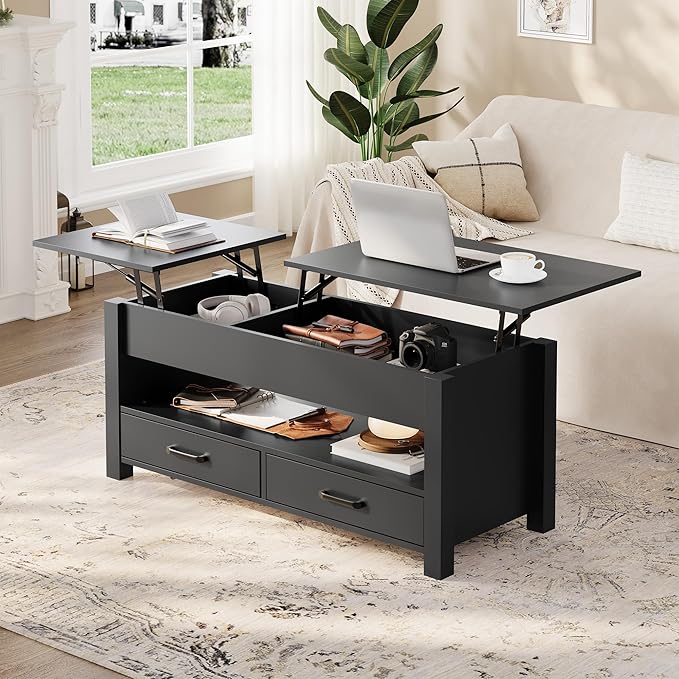 IDEALHOUSE 47.2" Coffee Table with Storage, Multi-Function Lift Top Coffee Table with Wooden Lift Tabletop, 2 Drawers and Hidden Compartment, Central Table for Living Room Home Office, Black