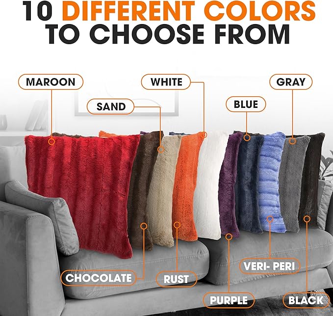 Cheer Collection Faux Fur Throw Pillows - Decorative Pillows for Couch, Bed Throw Pillows, Maroon Accent Pillows for Bedroom or Living Room Aesthetic, Set of 2 Furry Throw Pillows, 18”x18”