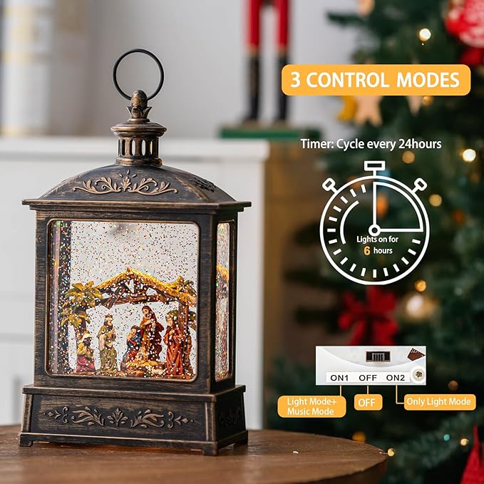 12.5'' Christmas Snow Globe Lighted Manger Nativity Scene, Musical Water Lantern Play Silent Night Music in Swirling Glitter, for Home, Battery Operated or USB Powered