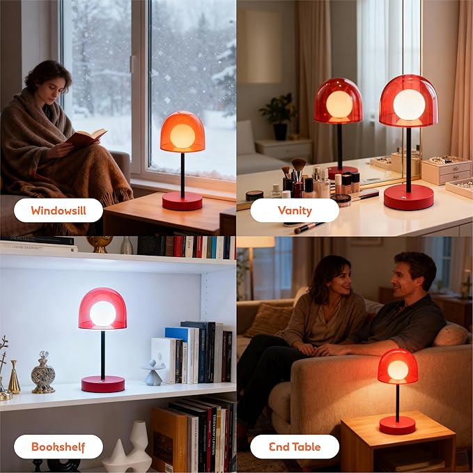 Small Mushroom Lamp Orange, LED Cordless Kitchen Lamp with 3CCT & Stepless Dimming, Rechargeable Mini Light for Art Room Study and Desk (Reddish Orange)