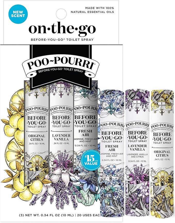 Poo-Pourri Before-You-Go Toilet Spray, Travel Essentials, .34 Fl Oz, In A Pinch Variety 3 Pack, Each Up to 20 Uses, On-The-Go Bathroom Odor Deodorizer with Essential Oils, TSA Approved Size, 3 Scents
