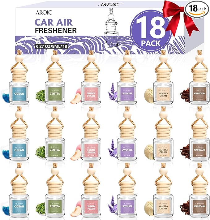 AROIC Car Air Freshener, 18 Pack Long Lasting Hanging Car Air Freshener Diffuser Set for Women & Men, 6 Scents Essential Oil Vehicle Aroma Fragrance Valentines Day Gift (8ml Each)