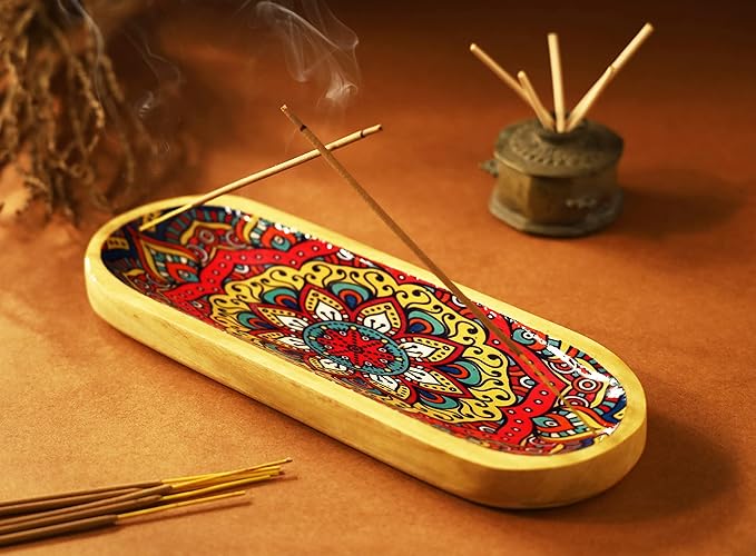 Bless-International Traditional-Handmade-Tray-Burner Wooden-Trat-Incense-Stick-Holder Ash-Catcher-Stand for-Aromatherapy-Meditation-Yoga (Mandala, 11x4x1.22 Inches)