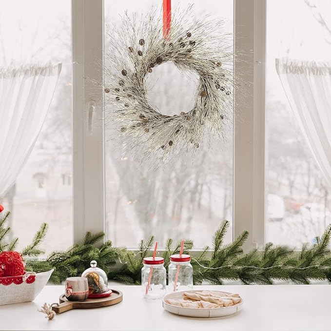 Winter Birch Pinecone Wreath - 26 Inch Winter Front Door Wreath with Pinecone Needle for Front Door or Indoor Home Wall Window Christmas Decor