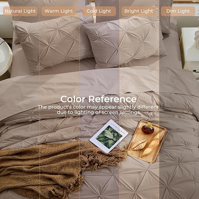 Sasttie California King Comforter Set, 7-Piece Bed in a Bag, Pintuck Bedding Sets for All Season, Includes Comforter, Flat Sheet, Fitted Sheet, Pillowcases and Pillowshams, Dark Linen