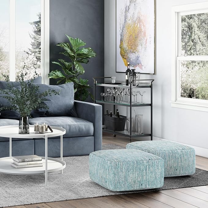 SIMPLIHOME Nate Square Pouf - 20 inch Wide Upholstered Handwoven Cotton Ottoman in Patterned Teal Melange, Boho Footstool or Extra Seating for Living Room with Artisanal Texture, Assembled